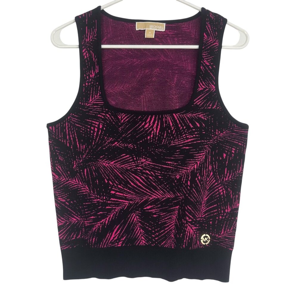 Michael Kors Pink/Black Floral Leaf Print Square Neck Knit Tank Top Size M